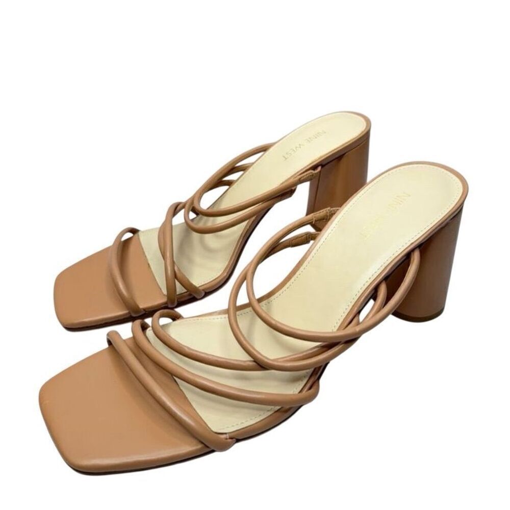 Nine West Sandals Womens Size 12 Tan Strappy Square Open Toe Block Heel‎